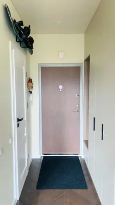 a hallway with a brown door and a rug at Floral Sunshine Apartment in Vilnius