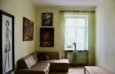 a living room with a couch and a window at Green House Apartment in Kaunas