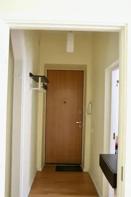 a hallway with a wooden door in a room at Green House Apartment in Kaunas