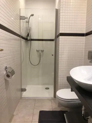 a bathroom with a shower and a toilet and a sink at Green House Apartment in Kaunas