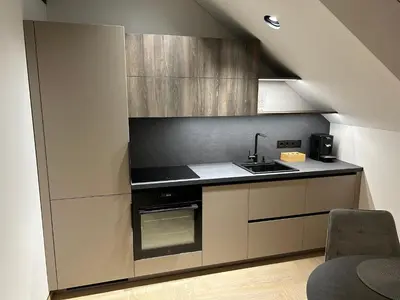 a kitchen with a sink and a stove at Studio 11 - old town Kaunas in Kaunas