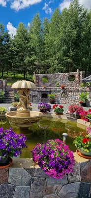 a fountain in a garden with purple and pink flowers at Namas su pirtimi Trakai in Salkininkai