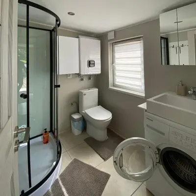 a bathroom with a toilet and a sink and a washing machine at Čiurlionio 14 in Kaunas