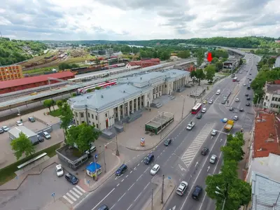 an aerial view of a city with a train station at Čiurlionio 14 in Kaunas