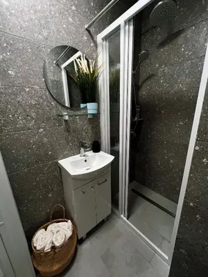 a bathroom with a sink and a shower at Vilties vila in Anykščiai