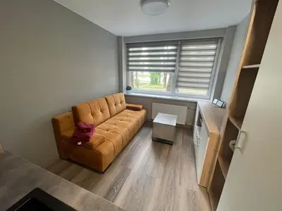 a living room with a brown couch and a window at 24h self check-in COZY VISIT Studio3 on the first floor in Kaunas