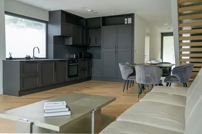 a kitchen and living room with a couch and a table at MARVEL apartamentai in Kaunas