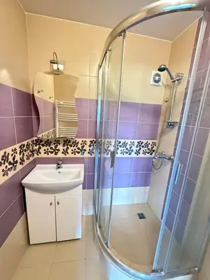 a bathroom with a sink and a shower at Central Modern Two Bedroom Apartment in Druskininkai
