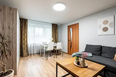 a living room with a couch and a table at Cozy Coner Apartments in Kaunas
