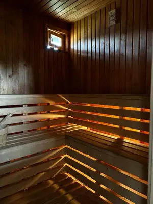 an empty room with wooden walls and a window at GobeHouse Sodyba in Vilkanastrai