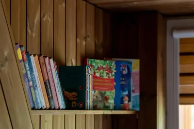 a row of books sitting on a book shelf at Poilsio Vingis in Liūnai