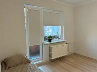 a room with a window and a bed with a plant at Baltijos Apartment in Kaunas