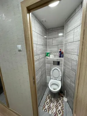 a small bathroom with a toilet in a room at Baltijos Apartment in Kaunas