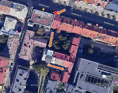 an overhead view of a city with buildings and a street at Cozy & Silent Apartment in Vilnius