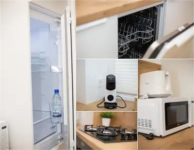 a collage of pictures of a kitchen with a microwave and a refrigerator at Šviesus ir jaukus butas Šiaulių centre puiki vieta poilsiui #2 in Šiauliai