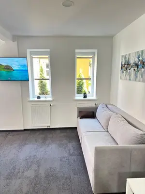 a living room with a couch and two windows at SILVIA apartment 101 in Druskininkai