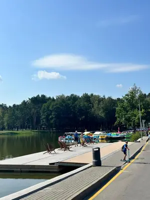 a group of people walking on a dock near a lake at SILVIA apartment 101 in Druskininkai