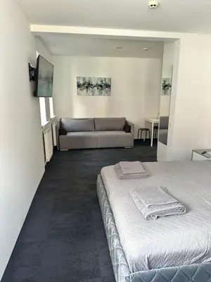 a living room with a bed and a couch at SILVIA apartment 101 in Druskininkai