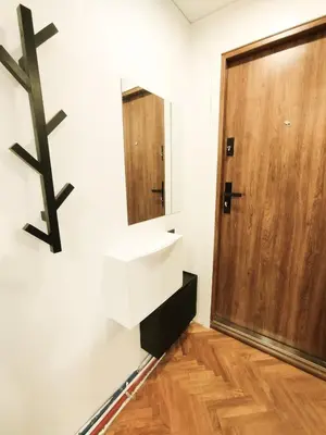 a bathroom with a mirror and a wooden door at Cozy Noko Apartments in Kaunas