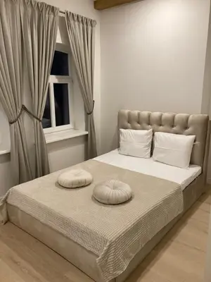 a bedroom with a bed with two pillows on it at Apartamentai Domus Antiqua in Zarasai