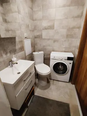 a bathroom with a toilet and a washing machine at Cozy Studio Apartment in the City Center in Šiauliai