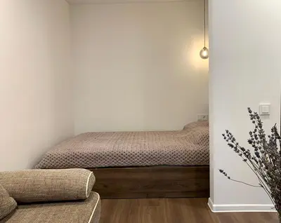 a bedroom with a bed and a couch at Cozy Studio Apartment in the City Center in Šiauliai