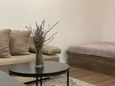 a vase of flowers on a table in a living room at Cozy Studio Apartment in the City Center in Šiauliai