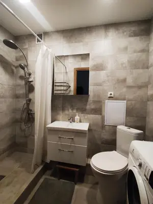 a bathroom with a toilet and a sink and a shower at Cozy Studio Apartment in the City Center in Šiauliai