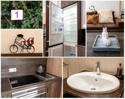 a collage of pictures of a kitchen and a sink at Gusto Apartment in Kaunas