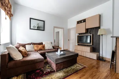 a living room with a couch and a tv at Gusto Apartment in Kaunas
