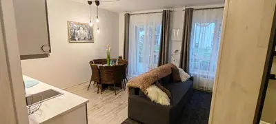 a living room with a couch and a table at Ozas Park Apartments in Vilnius