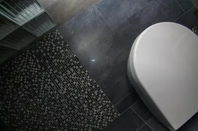 a bathroom with a toilet and a tiled floor at Modernios klasikos studija in Kaunas