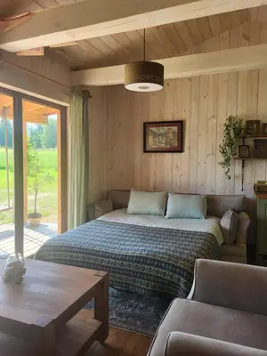 a bedroom with a bed and a couch and a table at Terra Gratia - namukas Išminčius in Nemeikšiai