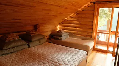 a room with a bed in a log cabin at Namelis Pušyne in Pailgis