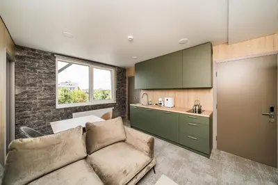 a living room with a couch and a kitchen at Zaliakalnio Terasos apartamentai 2 in Kaunas
