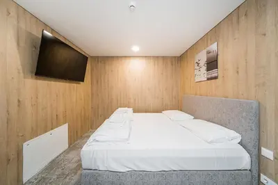 a bedroom with a bed and a tv on a wall at Zaliakalnio Terasos apartamentai 2 in Kaunas