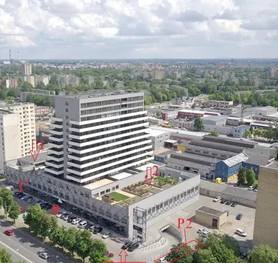 an aerial view of a large building in a city at Zaliakalnio Terasos apartamentai 2 in Kaunas