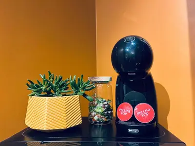 a black blender and a potted plant on a table at Platforma2b in Šiauliai