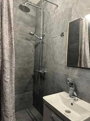 a bathroom with a shower and a sink at A5 apartment in Vilnius