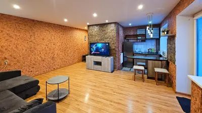 a living room with a couch and a tv at SunCity Apartment in Šiauliai