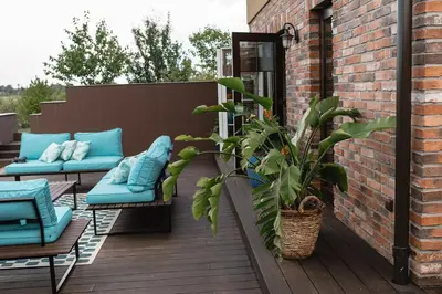 a patio with two blue chairs and a plant at LAGUNA SPA šeimos poilsio namai in Geniai