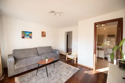 a living room with a couch and a table at Angelica Apartment in Vilnius