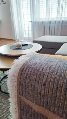 a living room with a couch and a coffee table at Šiauliai Central Cozy Apartment in Šiauliai
