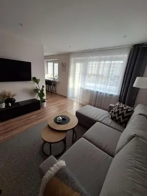 a living room with a couch and a table at Šiauliai Central Cozy Apartment in Šiauliai