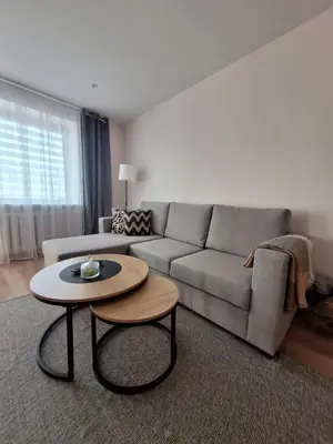 a living room with a couch and a coffee table at Šiauliai Central Cozy Apartment in Šiauliai