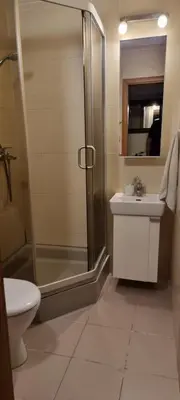 a bathroom with a shower and a sink and a toilet at city center apartment in Panevėžys