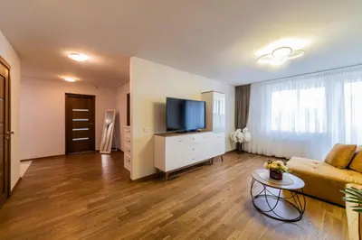 a living room with a couch and a tv at ASTeS Apartments in Šiauliai