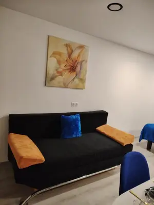 a black couch in a room with a painting on the wall at Jolsva in Rokiškis