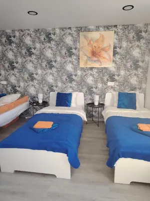 a room with two beds with blue sheets at Jolsva in Rokiškis