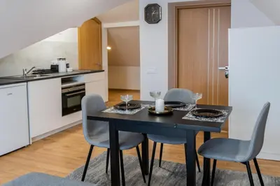 a kitchen with a black table and chairs in a room at Fox studio mezzanine in Šiauliai